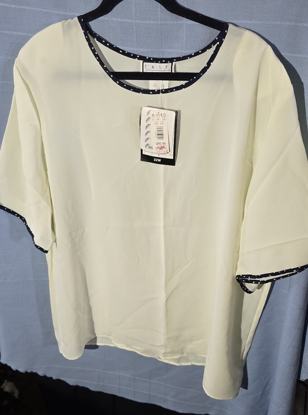 East Coast Women's Cream Short-Sleeve Blouse with Navy Poka-dot Trim